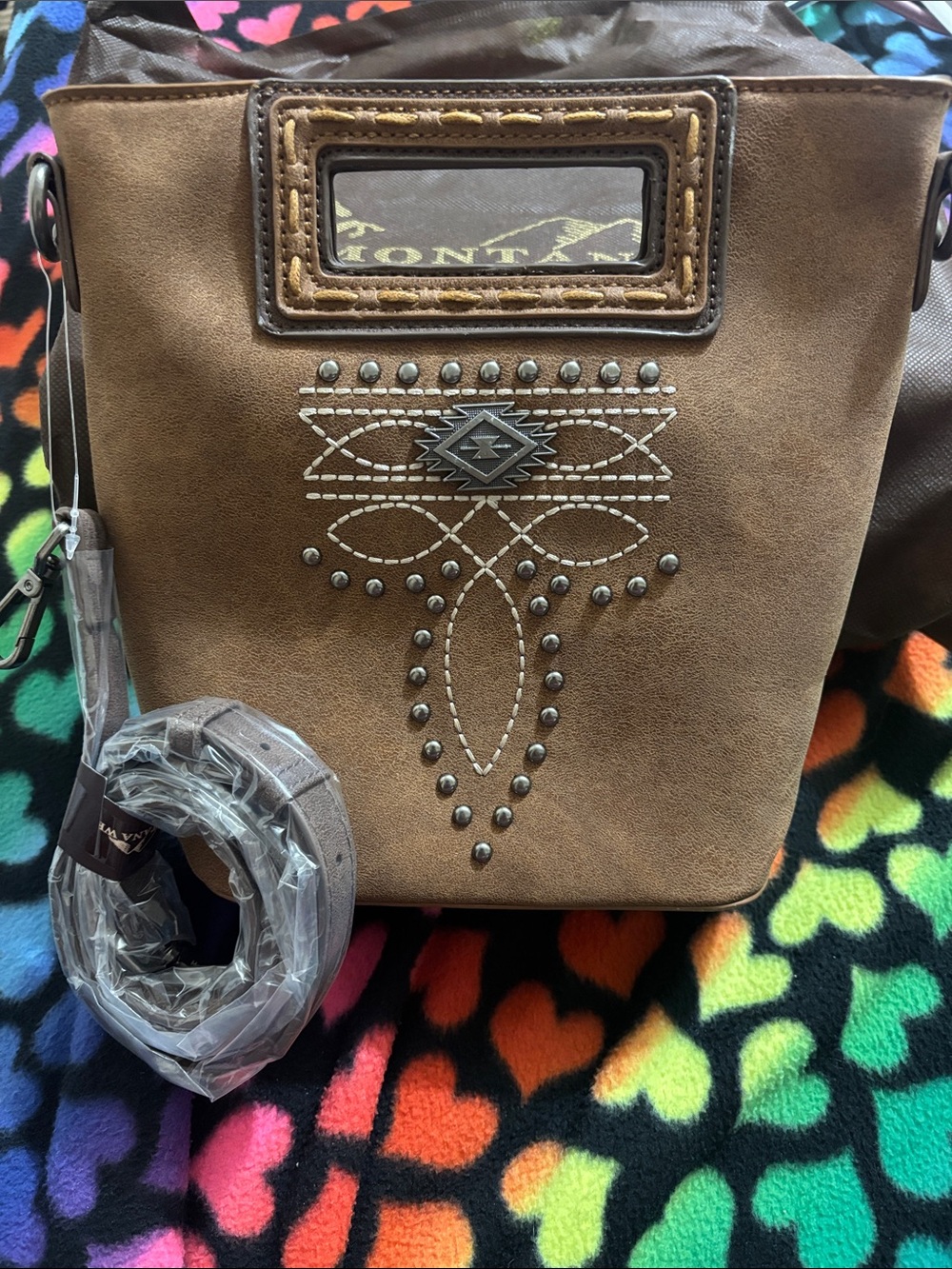 Brown Studded Suede Crossbody Bag with Southwest Stitching - Montana West